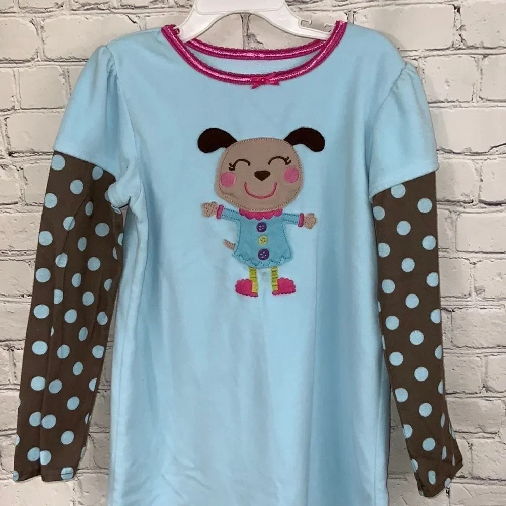 Carter’s Nightgown Girls Blue Fleece Dog Brown Polka Dot Medium 6/6X PJ Gown